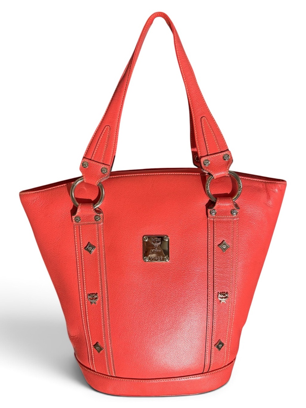 MCM Coral Pebbled Leather Bucket Shoulder Tote Bag